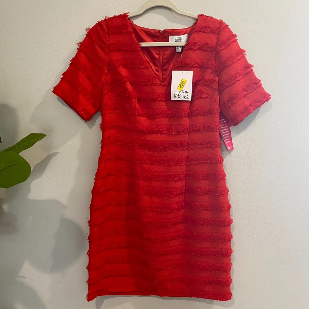 NWT Belle Badgley Mischka Grace Dress Fringe Cocktail Dress Red Orange Size 6